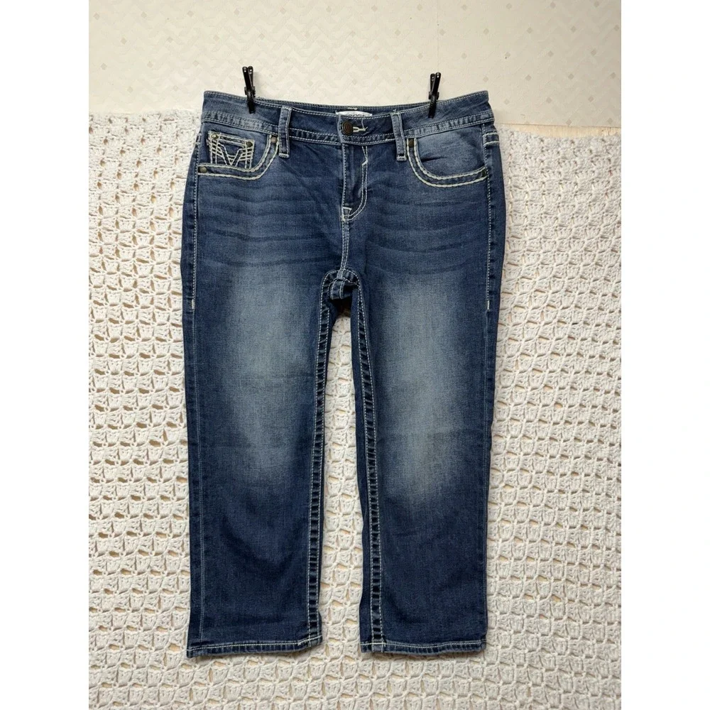 Vigoss Capri Jeans Women Sz 10 W33 L22 Blue Denim  Embroidery Pockets
